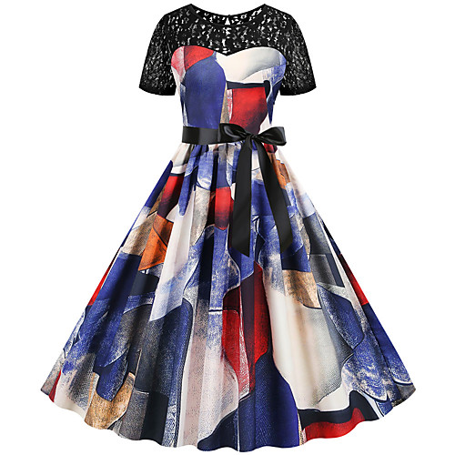 

Women's Sheath Dress - Half Sleeve Print Color Block Lace Patchwork Print Vintage Style Sexy Daily Going out Rainbow S M L XL XXL