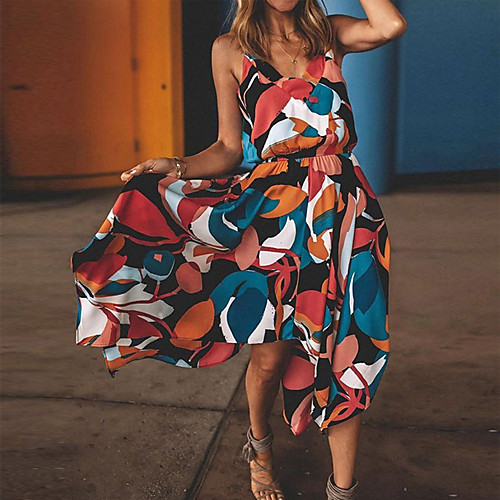 

Women's Asymmetrical Sheath Dress - Sleeveless Print Color Block Print Spring & Summer Strap Basic Cute Daily Rainbow S M L XL