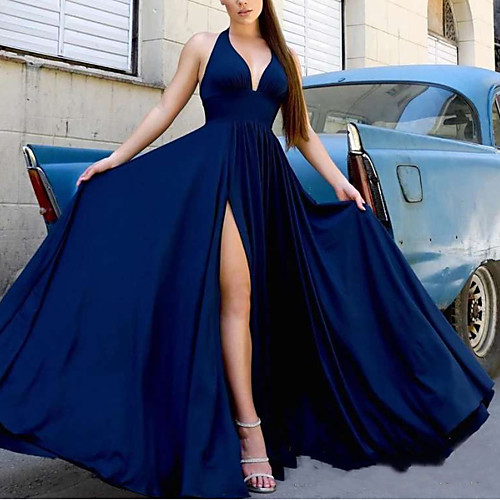 

A-Line Minimalist Blue Party Wear Prom Dress V Neck Sleeveless Floor Length Satin with Sleek Split 2020