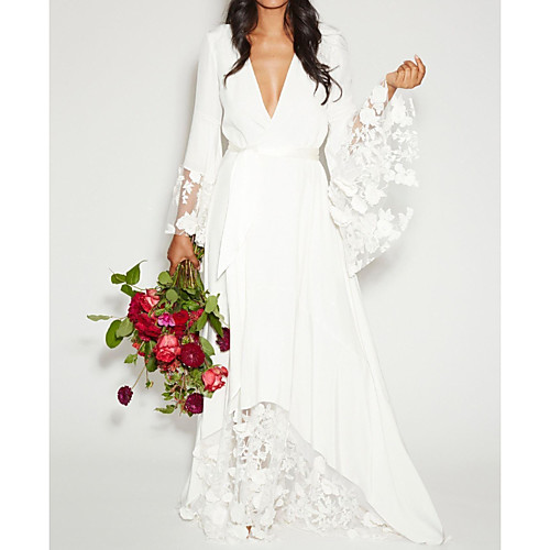 

A-Line Wedding Dresses Plunging Neck Sweep / Brush Train Polyester Long Sleeve Casual Plus Size with Sashes / Ribbons Lace Insert Appliques 2021
