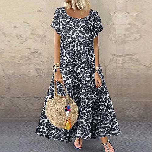 

Women's Maxi Shift Dress - Short Sleeves Leopard Yellow Gray S M L XL XXL XXXL XXXXL XXXXXL