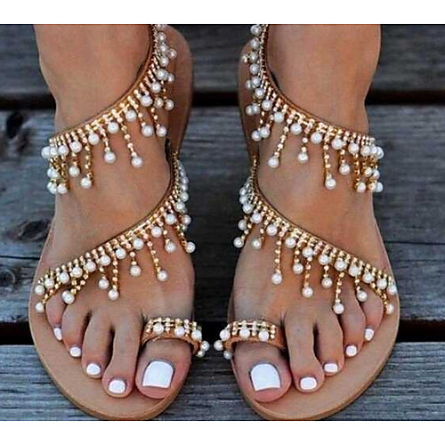 

Women's Sandals Flat Sandal Tropezienne Sandals Summer Flat Heel Open Toe Boho Daily Beach PU Gold