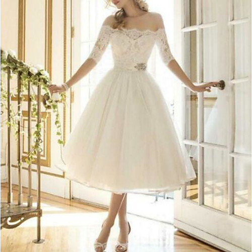 

A-Line Wedding Dresses Off Shoulder Knee Length Lace Tulle Half Sleeve Country Vintage Plus Size with Lace Appliques 2021