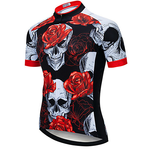 

21Grams Men's Short Sleeve Cycling Jersey Black / Red Skull Floral Botanical Bike Jersey Top Mountain Bike MTB Road Bike Cycling UV Resistant Breathable Quick Dry Sports Clothing Apparel / Stretchy