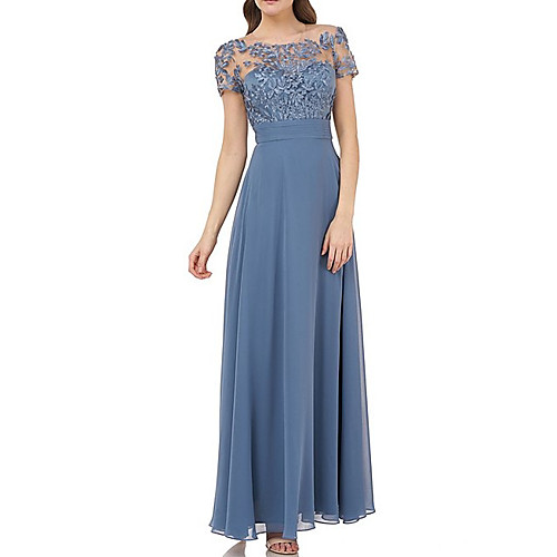 

A-Line Mother of the Bride Dress Elegant Illusion Neck Floor Length Chiffon Short Sleeve with Appliques 2021