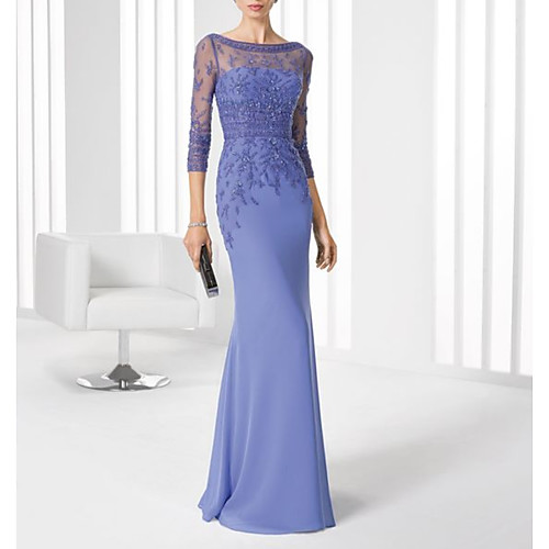 

Mermaid / Trumpet Mother of the Bride Dress Elegant Illusion Neck Floor Length Chiffon 3/4 Length Sleeve with Lace 2021
