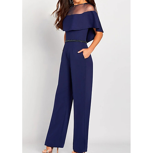 

Pantsuit / Jumpsuit Mother of the Bride Dress Elegant Illusion Neck Floor Length Chiffon Satin Short Sleeve with Sash / Ribbon 2021