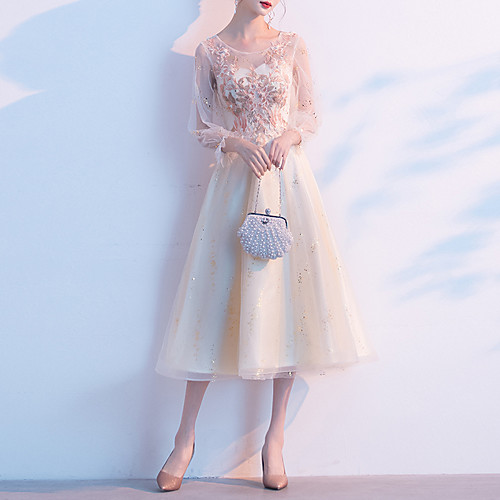 

A-Line Glittering Floral Homecoming Cocktail Party Dress Jewel Neck Long Sleeve Tea Length Tulle with Appliques 2021