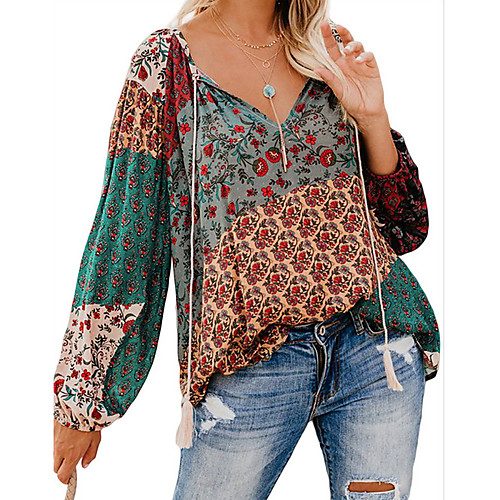 

Women's Blouse Shirt Geometric Long Sleeve Lace up Patchwork Print V Neck Tops Basic Top Black Purple Green