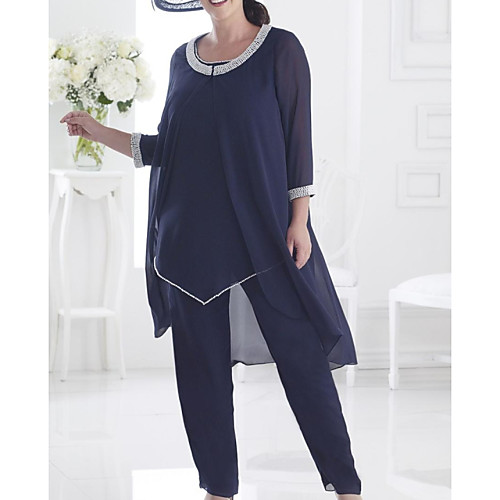 

Pantsuit / Jumpsuit Mother of the Bride Dress Elegant Jewel Neck Floor Length Chiffon 3/4 Length Sleeve with Beading 2021
