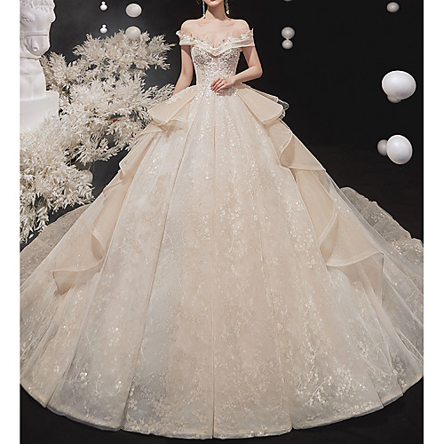 

Ball Gown Wedding Dresses Off Shoulder Watteau Train Lace Tulle Short Sleeve Formal Wedding Dress in Color with Cascading Ruffles 2021