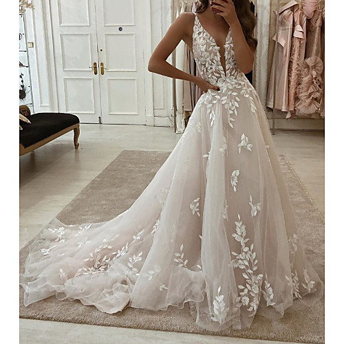 

A-Line Wedding Dresses Plunging Neck Sweep / Brush Train Tulle Polyester Sleeveless Country Plus Size with Embroidery Appliques 2021