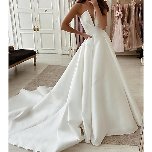 

A-Line Wedding Dresses Strapless Sweep / Brush Train Stretch Satin Sleeveless Country Plus Size with Side-Draped 2021