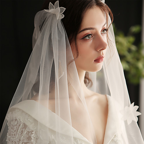 

One-tier Sweet Wedding Veil Elbow Veils with Scattered Bead Floral Motif Style / Solid Tulle / Angel cut / Waterfall