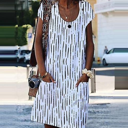 

Women's A Line Dress Knee Length Dress White Blue Orange Short Sleeve Geometric Pocket Print Summer Round Neck Hot Casual S M L XL XXL 3XL 4XL 5XL