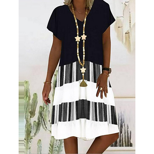 

Women's A Line Dress Knee Length Dress Black Orange Short Sleeve Striped Color Block Print Summer V Neck Hot Casual 2021 S M L XL XXL 3XL 4XL 5XL