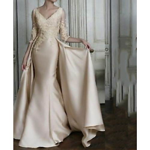 

Mermaid / Trumpet Mother of the Bride Dress Elegant V Neck Sweep / Brush Train Lace Satin 3/4 Length Sleeve with Pleats Appliques 2021