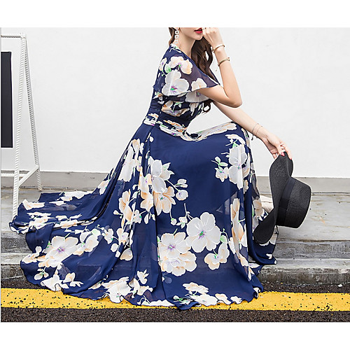 

Women's Maxi Swing Dress - Short Sleeves Floral V Neck Fuchsia Royal Blue Beige M L XL XXL XXXL XXXXL XXXXXL