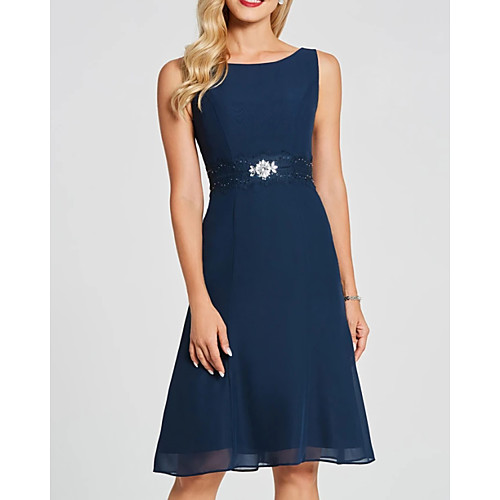 

A-Line Mother of the Bride Dress Elegant Jewel Neck Knee Length Chiffon Sleeveless with Beading Appliques 2021