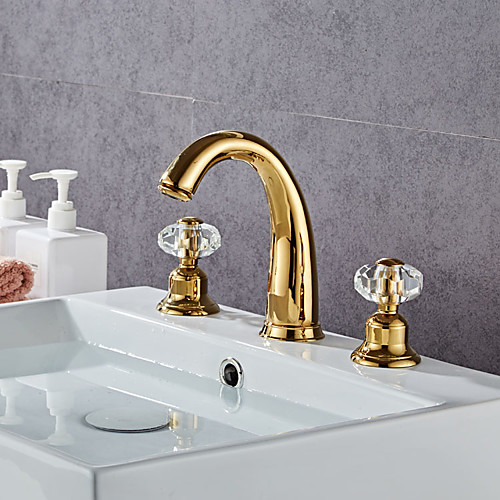 

Bathroom Sink Faucet - Widespread Electroplated Modern Golden faucet crystal ball handle Three Holes Bath Taps