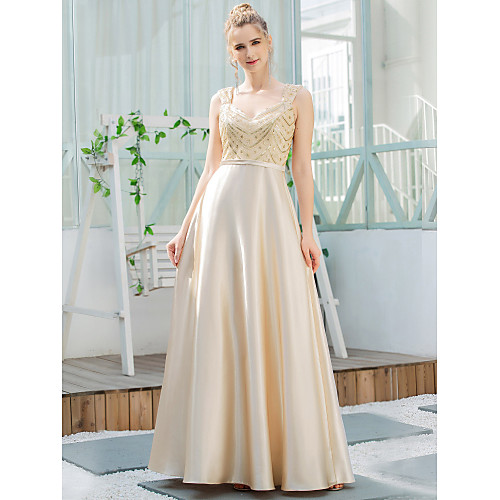 

A-Line V Neck Floor Length Satin / Sequined Bridesmaid Dress with Sequin