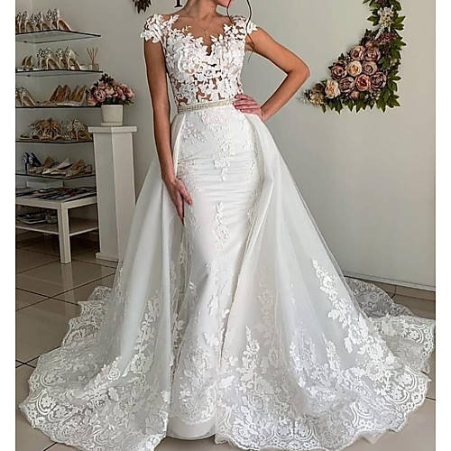 

Mermaid / Trumpet Wedding Dresses V Neck Sweep / Brush Train Polyester Cap Sleeve Country Plus Size with Lace Insert Appliques 2021