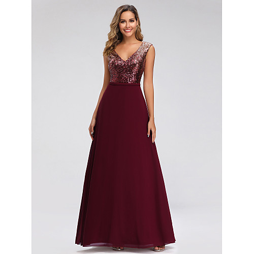 

A-Line Sparkle Elegant Wedding Guest Prom Dress V Neck Sleeveless Floor Length Chiffon with Sequin 2021