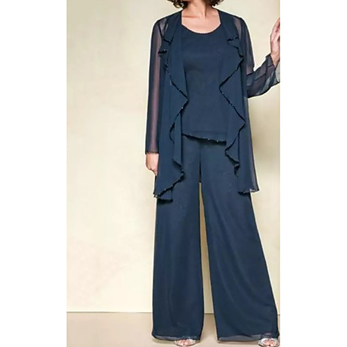 

Pantsuit / Jumpsuit Mother of the Bride Dress Elegant Jewel Neck Floor Length Chiffon Long Sleeve with Pleats 2021