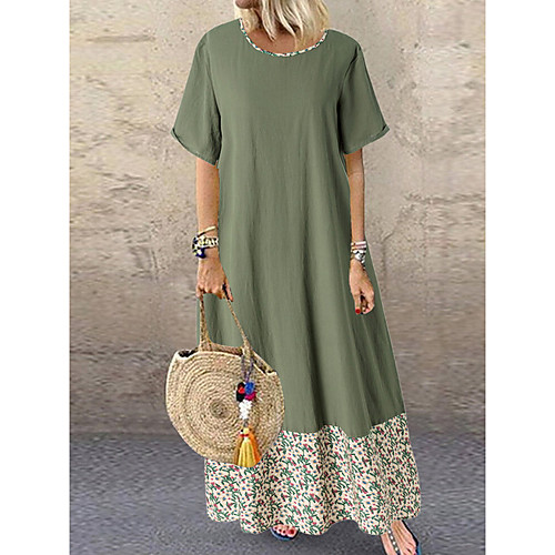 

Women's Loose Maxi long Dress - Short Sleeves Floral Sequins Tassel Fringe Summer Elegant Loose Floral Khaki Green L XL XXL XXXL XXXXL XXXXXL