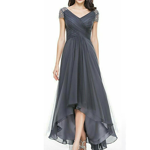 

A-Line Mother of the Bride Dress Elegant V Neck Asymmetrical Chiffon Tulle Short Sleeve with Sequin 2020