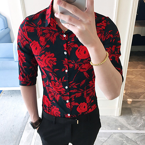 

Men's Floral Color Block Shirt Basic Elegant Daily Going out Black / Red / Long Sleeve / Skinny