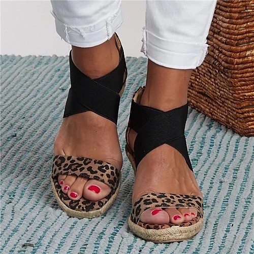 

Women's Sandals Wedge Sandals Summer Wedge Heel Open Toe Casual Daily Leopard Faux Leather Walking Shoes Almond / White / Black