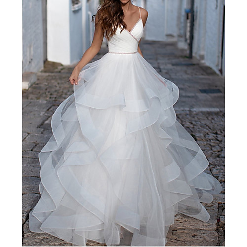 

Ball Gown Wedding Dresses V Neck Spaghetti Strap Floor Length Organza Sleeveless Country Plus Size with Cascading Ruffles 2021