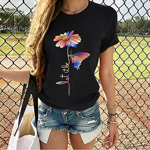 

Women's T shirt Geometric Print Round Neck Tops Cotton Basic Top Black Red Wine