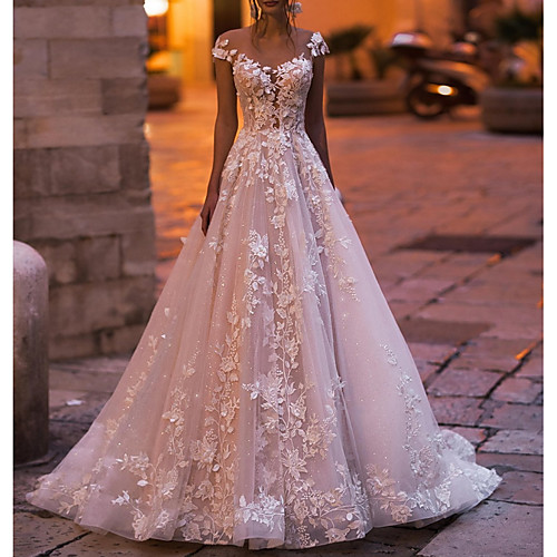 

A-Line Wedding Dresses V Neck Court Train Tulle Sleeveless Country Plus Size with Draping Appliques 2021