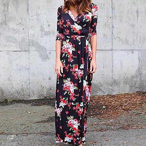 

Women's Maxi A Line Dress - Half Sleeve Floral V Neck Navy Blue S M L XL