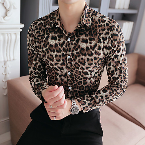 

Men's Shirt Color Block Leopard Long Sleeve Daily Tops Basic Elegant White Brown