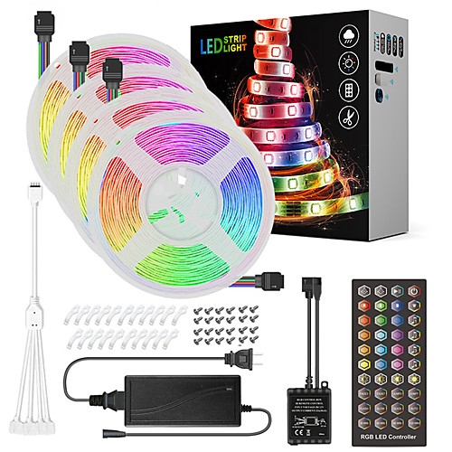 

20M(4x5M) LED Light Strips RGB Tiktok Lights Music Sync Timed Remote Waterproof Flexible 5050 SMD 600 LEDs IR 40 Key Controller with Installation Package 12V 8A Adapter Kit