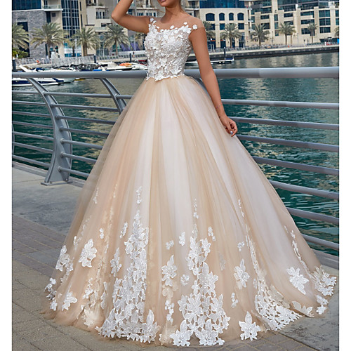 

Ball Gown Wedding Dresses Jewel Neck Sweep / Brush Train Lace Tulle Polyester Cap Sleeve Country Plus Size with Embroidery Appliques 2021