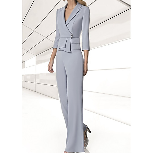 

Pantsuit / Jumpsuit Mother of the Bride Dress Elegant V Neck Floor Length Polyester 3/4 Length Sleeve with Buttons 2021