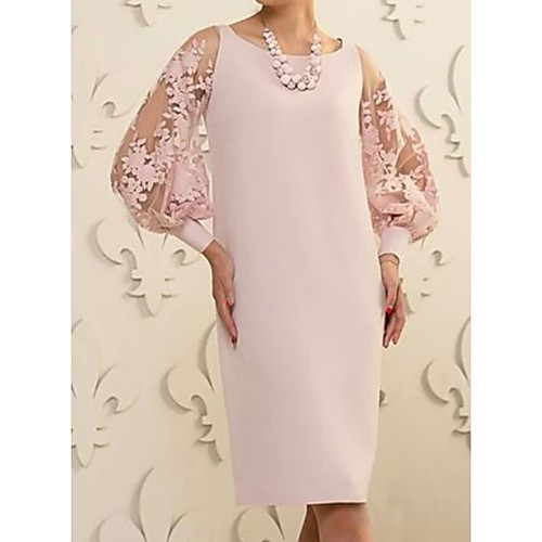 

Sheath / Column Mother of the Bride Dress Elegant Jewel Neck Knee Length Lace Satin Long Sleeve with Appliques 2021