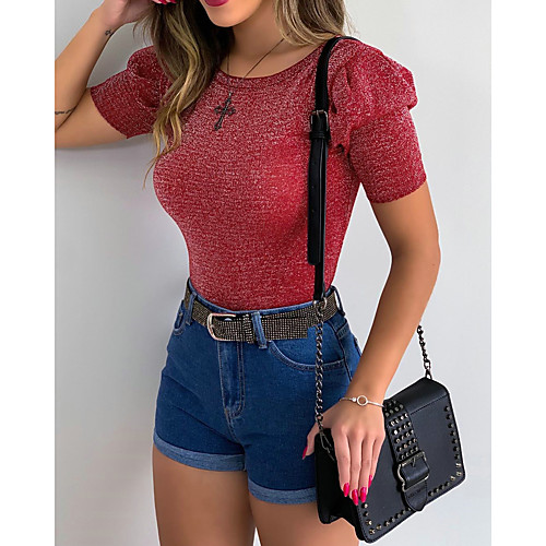 

Women's Solid Colored Ruffle T-shirt Daily Red / Dark Gray