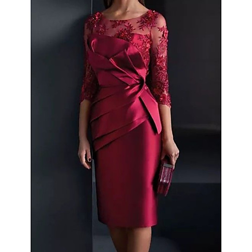

Sheath / Column Mother of the Bride Dress Elegant Illusion Neck Knee Length Lace Satin 3/4 Length Sleeve with Appliques Ruching 2021