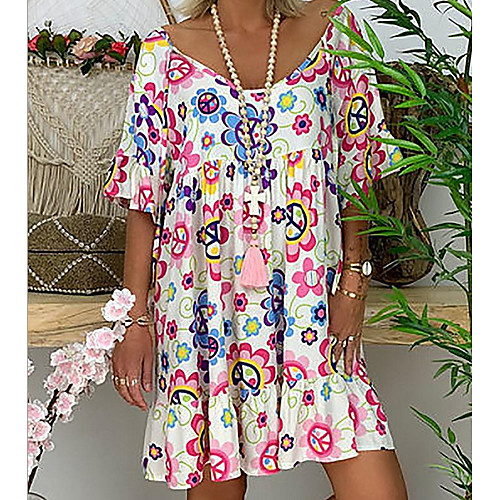 

Women's Shift Dress - Short Sleeves Print V Neck Loose White Red Green Light Blue S M L XL XXL XXXL XXXXL XXXXXL