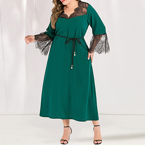 

Women's Plus Size Maxi A Line Dress - Long Sleeve Solid Color Lace Spring & Summer Fall & Winter Square Neck Casual Elegant Party Daily Flare Cuff Sleeve Belt Not Included Green L XL XXL XXXL XXXXL