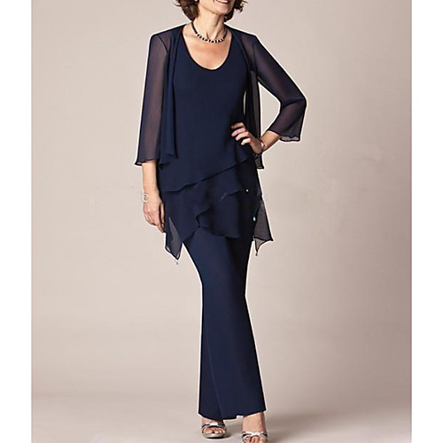 

Pantsuit / Jumpsuit Mother of the Bride Dress Elegant Jewel Neck Floor Length Chiffon 3/4 Length Sleeve with Tier 2021