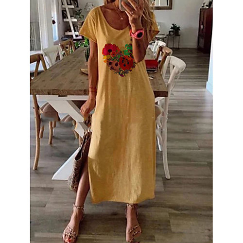

Women's Shift Dress - Short Sleeves Floral Blue Yellow S M L XL XXL XXXL