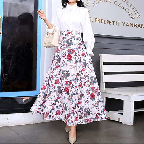 

Women's Event / Party / Daily Wear Street chic Swing Skirts - Floral Print / Drawstring White S M L
