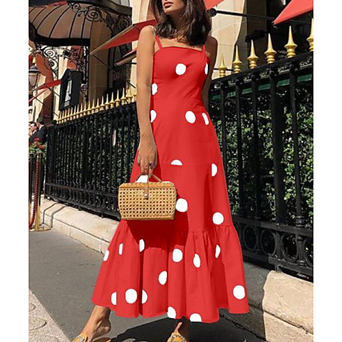 

Women's Strap Dress Maxi long Dress White Black Blue Red Sleeveless Polka Dot S M L XL