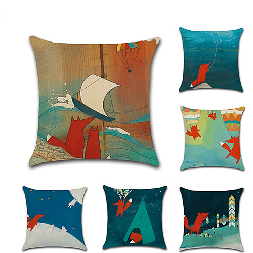 

Set of 6 Linen Pillow Cover, Anime Animal Classic Cartoon Square Traditional Classic Throw Pillow